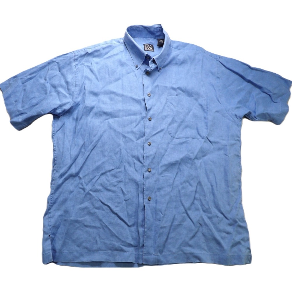 Jos A Bank Travelers Collection Shirt Large Blue 100% Linen Short Sleeves Button